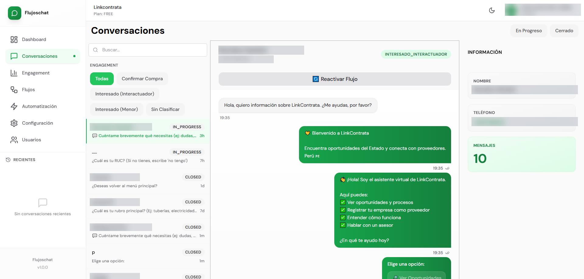 Bandeja de conversaciones de FlujosChat con historial, datos del cliente y notas